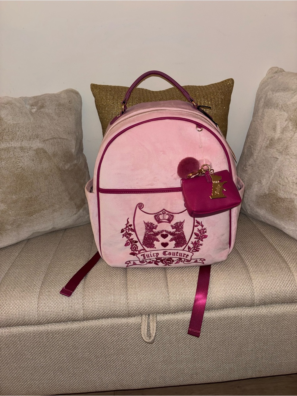 Juicy Couture Pink Velvet Backpack with Fuchsia Trim and Charm